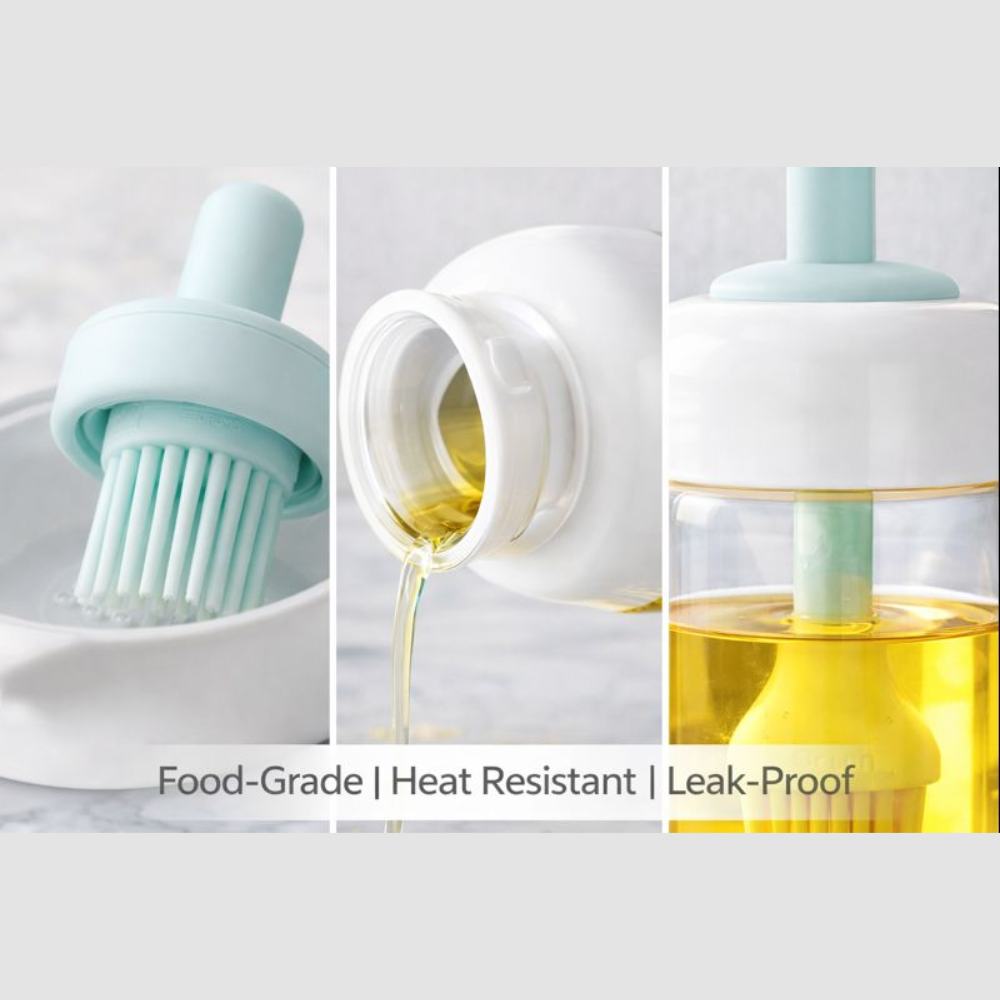 2-in-1 Oil Dispenser Bottle with Silicone Brush – Leak-Proof Cooking Oil Bottle for Frying, Baking, BBQ & Salad (Food-Grade, Heat Resistant, 300ml)
