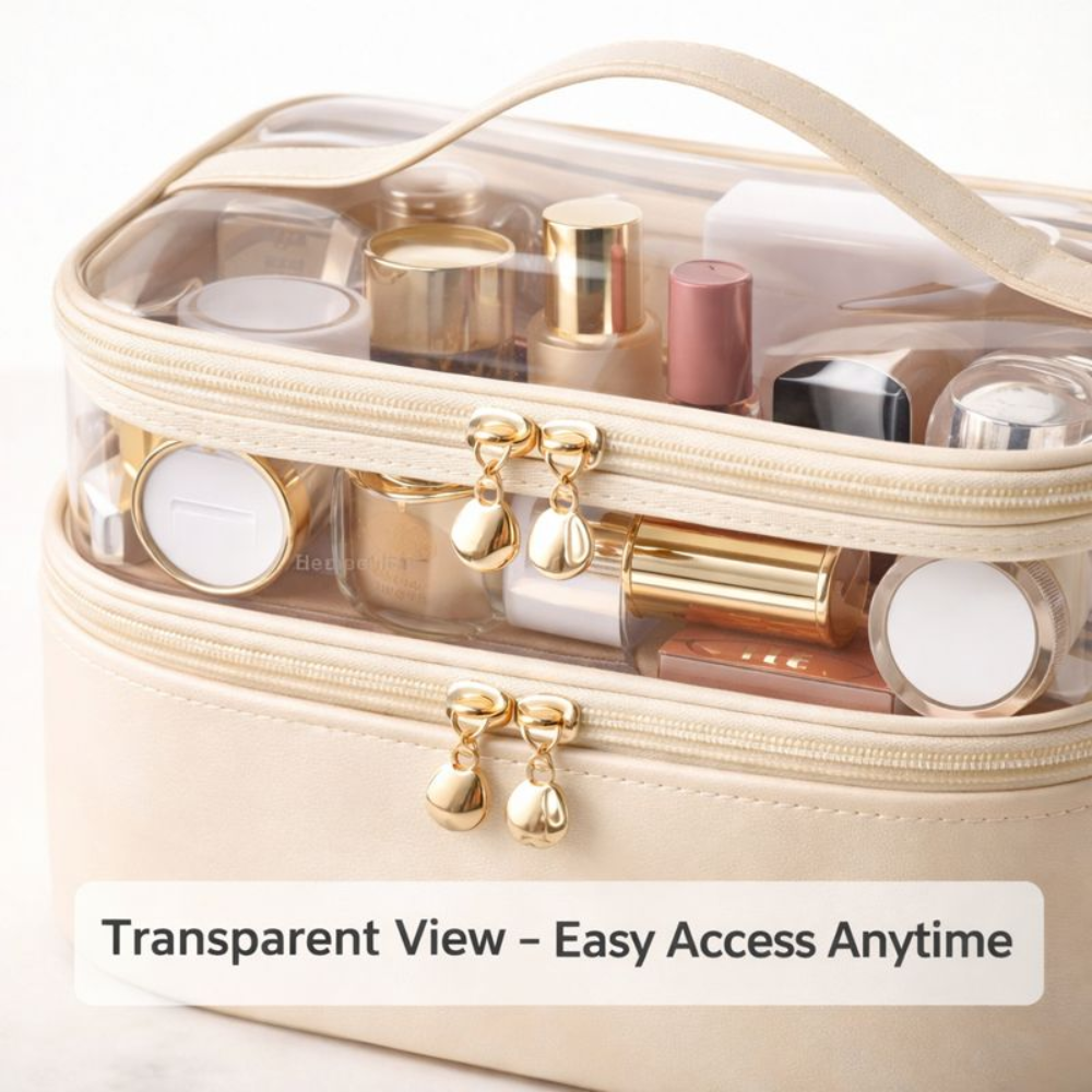 Dual-Layer Clear Travel Makeup Bag – Large Capacity Waterproof Toiletry Organizer with Handle – Portable Cosmetic Case for Skincare And Toiletry Bag