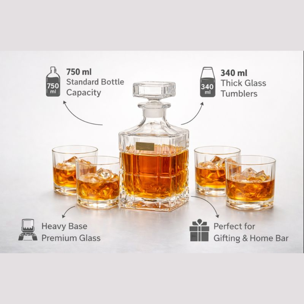 7-Piece Luxury Glass Whiskey Decanter Set – 1 Crystal-Style Liquor Bottle with 6 Matching Rocks Glasses – Elegant Barware Gift Set for Scotch, Bourbon, and Brandy
