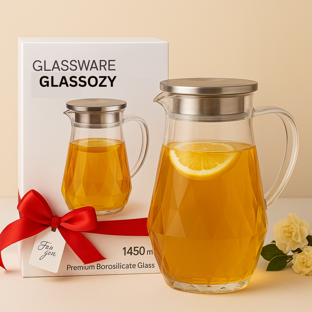 Diamond-Cut Glass Pitcher with Stainless-Steel Lid – 1450 ml (1.45 L) | Anti-Drip Spout | Hot & Cold