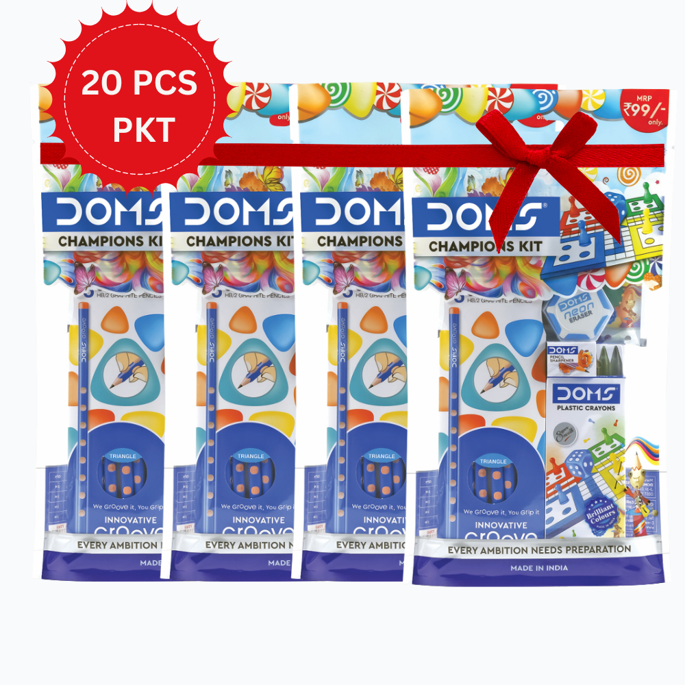 DOMS Champions Kit – 20 PCS Value Pack | Plastic Crayons, Pencils, Sketch Tools & Art Essentials for Kids