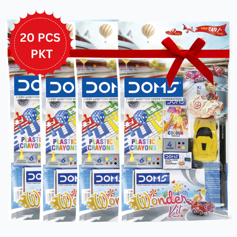 DOMS Wonder Kit – 20 PCS Value Pack | Plastic Crayons, Colour Pencils, Sharpeners & Toy Car Combo for Kids