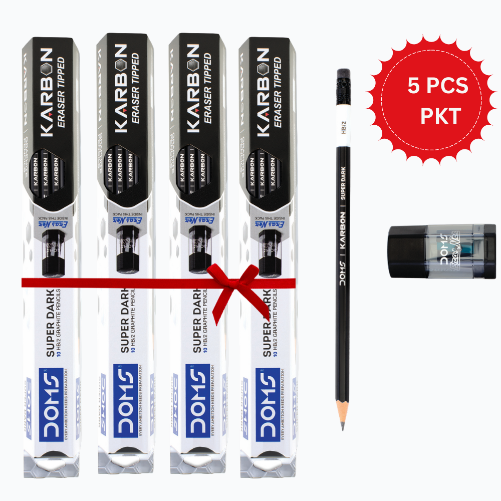 DOMS Karbon Eraser-Tipped Pencils – 5 PCS Pack | Super Dark HB/12 Graphite Pencils with Sharpener