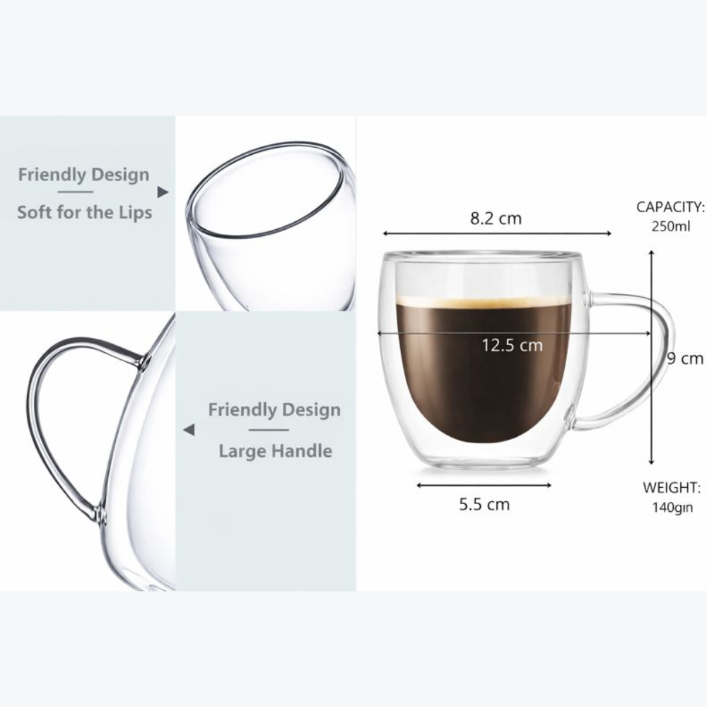Premium 250Ml Double-Walled Insulated Glass Mug – Elegant Heat-Resistant Clear Borosilicate Tea and Coffee Cup with Handle