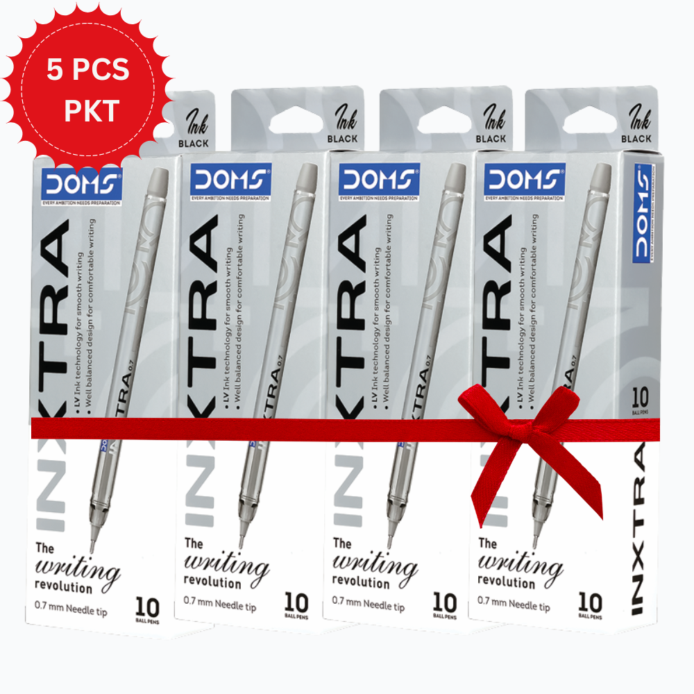 DOMS INXTRA Ball Pen – 5 PCS Pack | 0.7mm Needle Tip Blue , Red And Black Ink | Smooth Writing Pens (10 Pens Per Box)