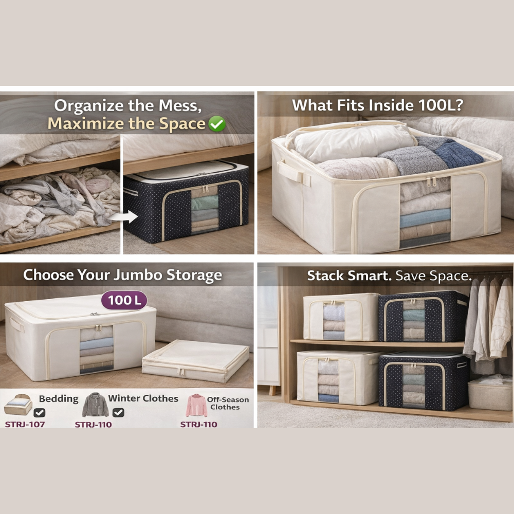 100 Litre Large Storage Organizer Box with Transparent Window & Zipper – Foldable Fabric Blanket, Clothes, Saree & Bedding Storage Bag for Wardrobe & Closet
