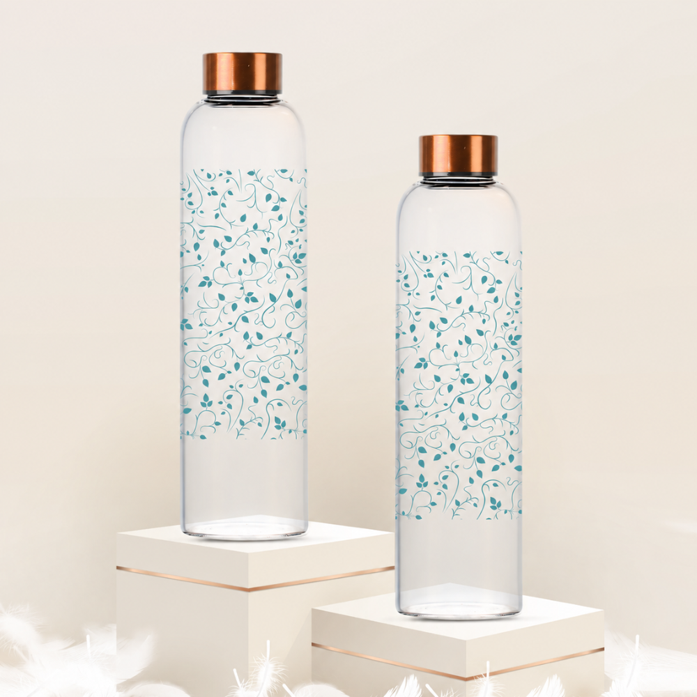 Premium Glass Water Bottle with Premium Cap And Elegant Floral Printed Reusable Bottle Single Pcs