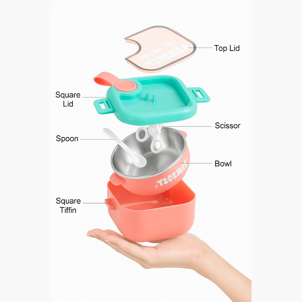 Kids Bento Lunch Box with Spoon | Leak-Proof Square Tiffin Box for School | BPA-Free Food Container for Kids