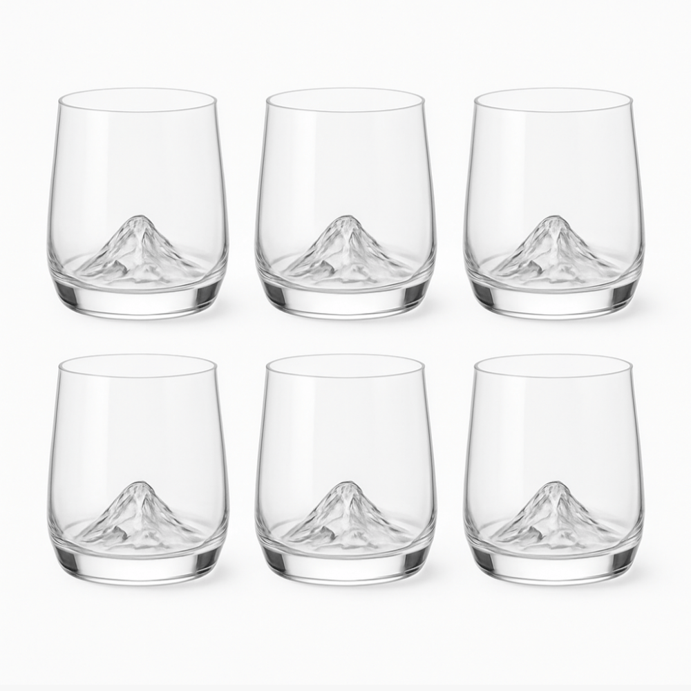 Set of 6 Mountain-Peak Whiskey Glasses – 3D Sculpted Base, Thick-Bottom Rocks Tumblers for Whisky, Bourbon, Cocktails & Juice | Lead-Free Clear Glass