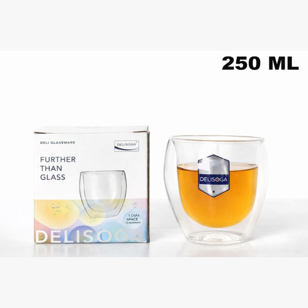Delisoga 250ml "Further Than Glass" Double-Walled Tumbler – Insulated Borosilicate Glass for Hot and Cold Drinks