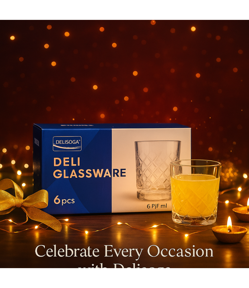 Delisoga Deli Glassware Set – 6 Pcs (205 ml)-Premium Diamond-Cut Juice & Whiskey Glasses