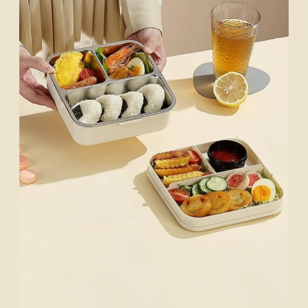 Cute Cat Kids Bento Lunch Box | 3-Compartment Leak-Proof Tiffin Box with Stainless Steel Tray | Cartoon Kitty School Lunch Box for Kids