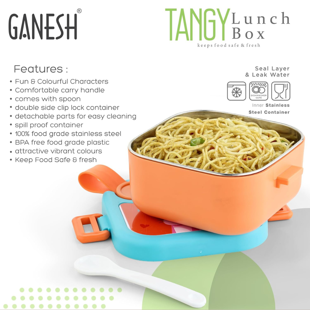 Ganesh Tangy Inner Steel Lunch Box with Multi Sticker for Kids with Spoons Heavy Plastic BPA Free Food Grade Perfect for School Kids, College, Outdoor & Picnic