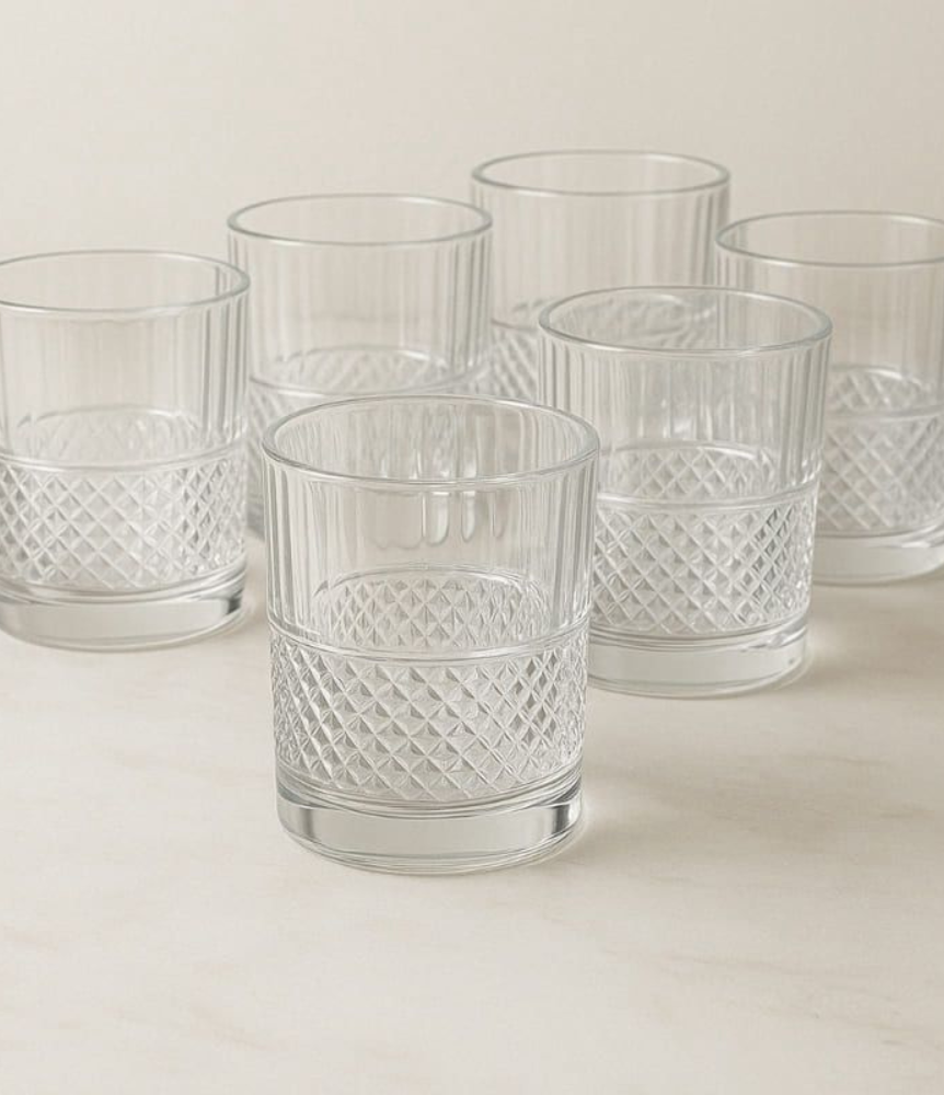Glassozy Diamond Luxe Glass Set of 6 | Premium 340ml Whisky, Juice & Water Tumblers | Elegant Textured Glassware for Home, Bar & Festive Gifting | Crystal-Cut Design | Durable & Dishwasher Safe