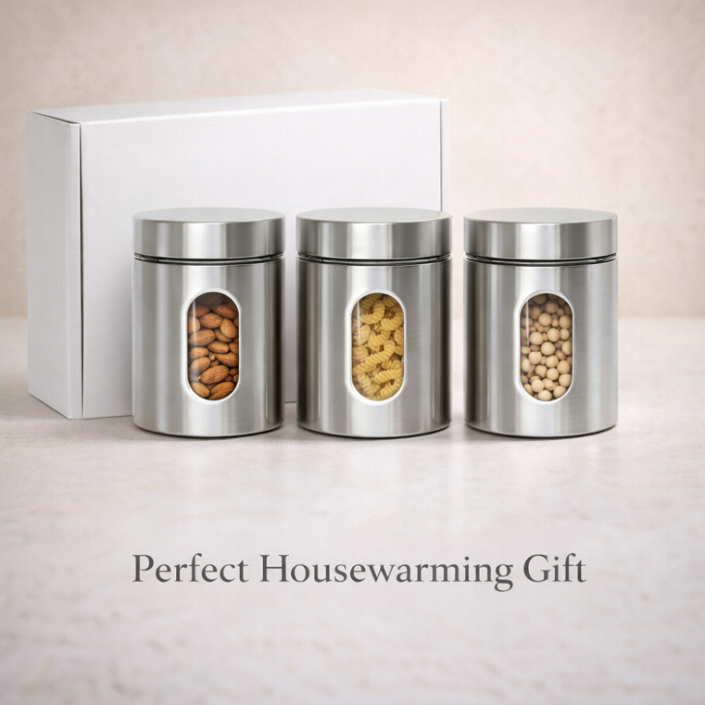 900 ML Stainless Steel Storage Jar Set of 3 with Transparent Window – Airtight Kitchen Containers for Coffee, Sugar, Tea, Dry Fruits & Pantry Storage (Modern Silver Finish)