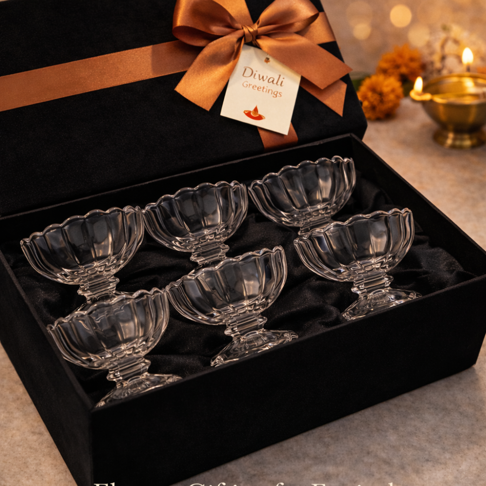 6 Pc Premium Glass Dessert Bowl Set – 130 ML Crystal Ice Cream Cups with Pedestal | Party, Wedding, Diwali Gift & Serving Bowls