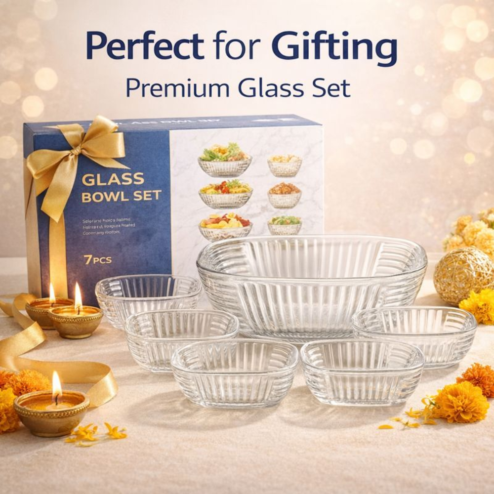 7 PCS Premium Glass Bowl Set (1 Large 8 Inch + 6 Small 4 Inch) | Clear Transparent Serving Bowls for Snacks, Dessert, Fruits & Kitchen Use | Stackable & Easy to Clean