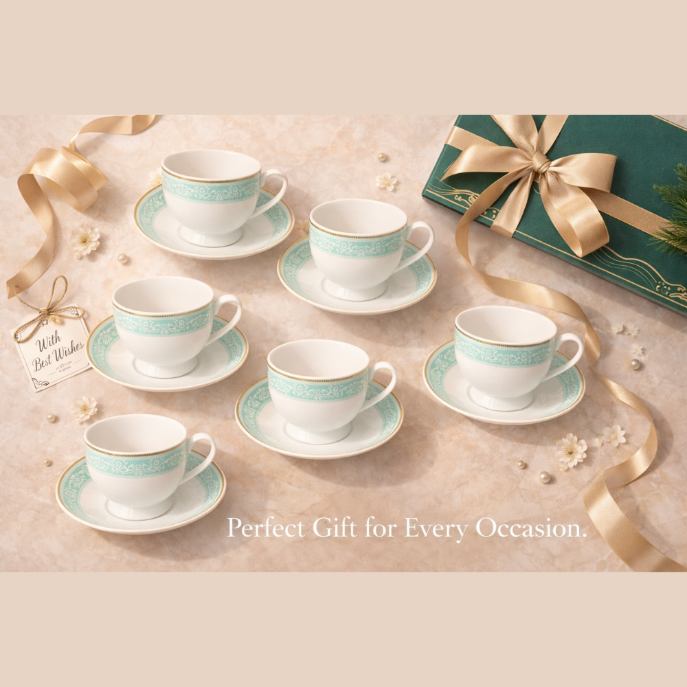 Premium Ceramic Tea Cup & Saucer Set (12 Pcs) – 180 ML Elegant Coffee Cups with 5.5 Inch Saucer – Classic Blue & Gold Design | Fine Dining & Gifting Set
