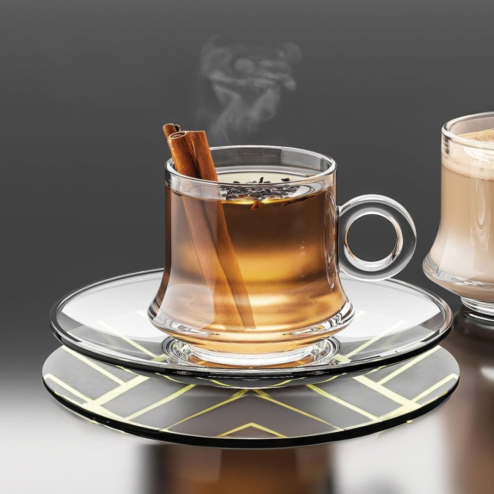 Premium Clear Glass Tea & Coffee Cup with Saucer | Heat-Resistant Borosilicate Glass Mug for Tea, Coffee, Cappuccino & Herbal Drinks (Set of 6 Cup & Saucers)
