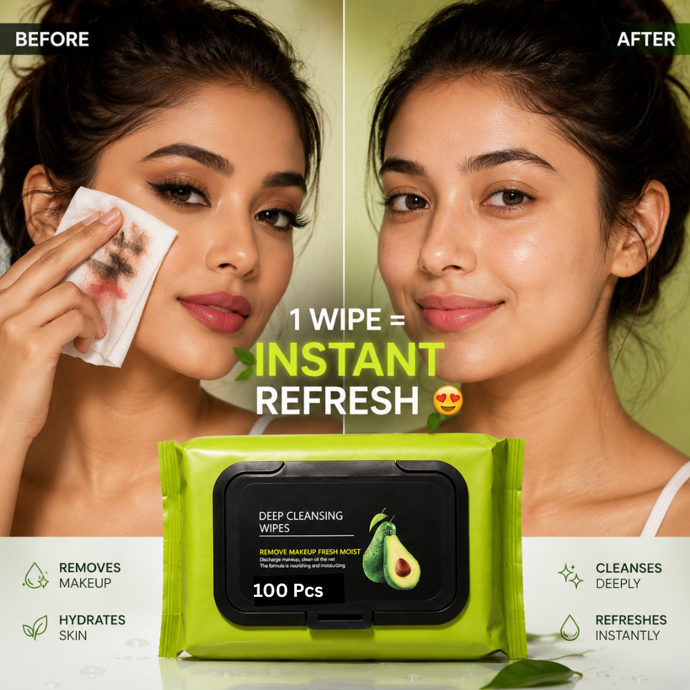Avocado Deep Cleansing Makeup Remover Wipes β Hydrating Facial Cleansing Towelettes for Fresh & Glowing Skin (100 PCS)