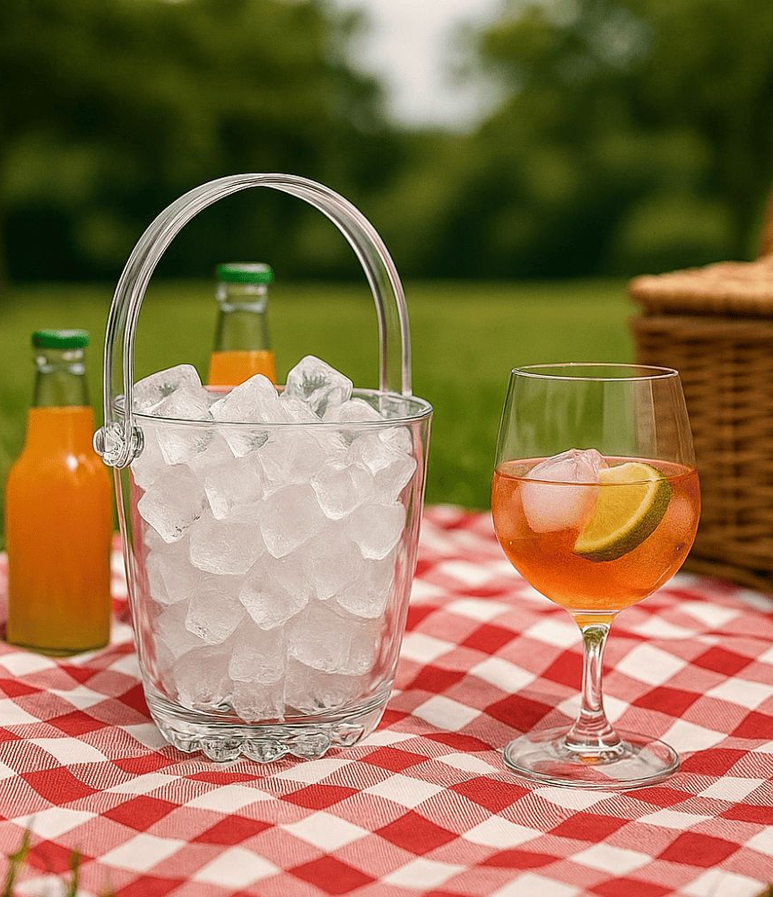 Premium Glass Ice Bucket with Handle | Elegant Outdoor Picnic & Party Drinkware | Crystal Clear Design