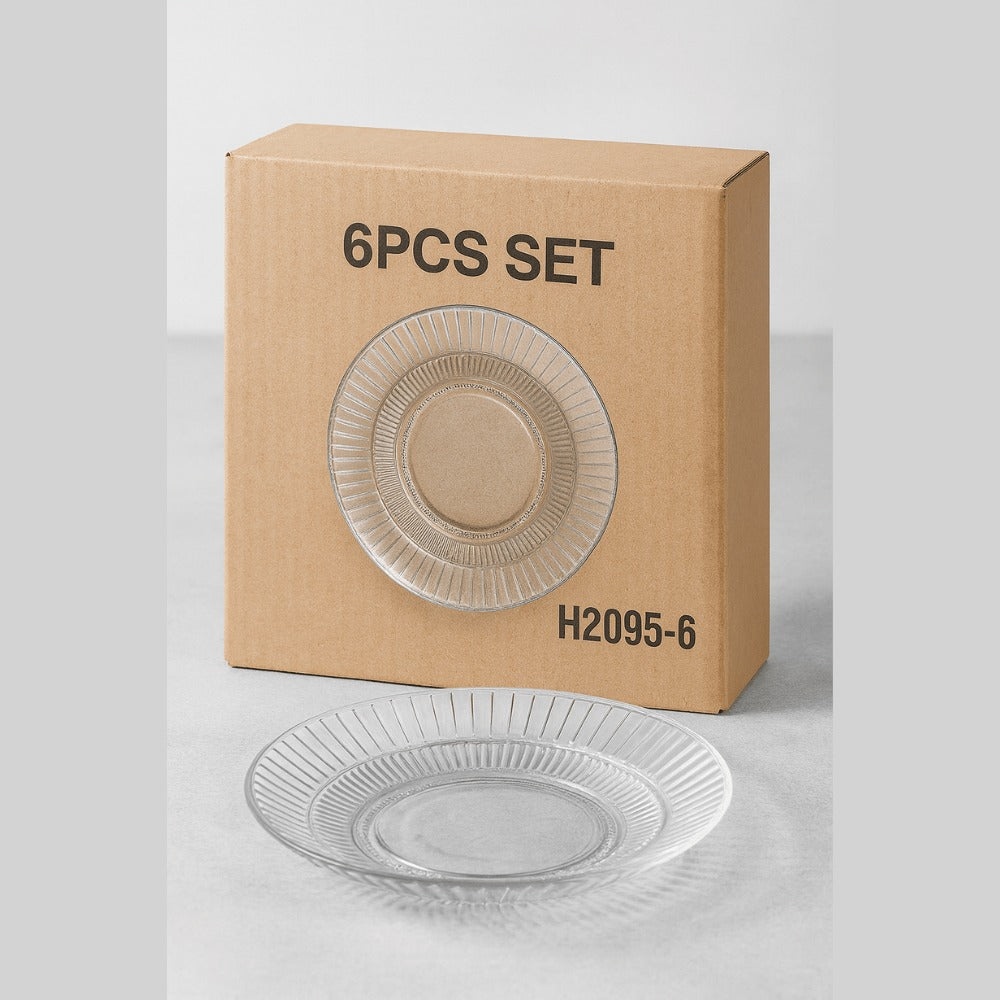 Glass Platter Set | 6-Piece Transparent Dinner Plates | Premium Ribbed Edge Design | Lead-Free Crystal Glass Tableware for Snacks, Desserts & Dining