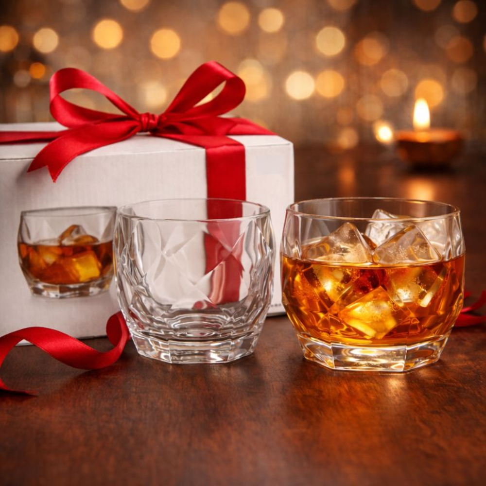 Premium Crystal Whiskey Glass Set Of 2 | Heavy Base Scotch & Bourbon Tumblers | Elegant Faceted Glass for Bar, Home & Gifting