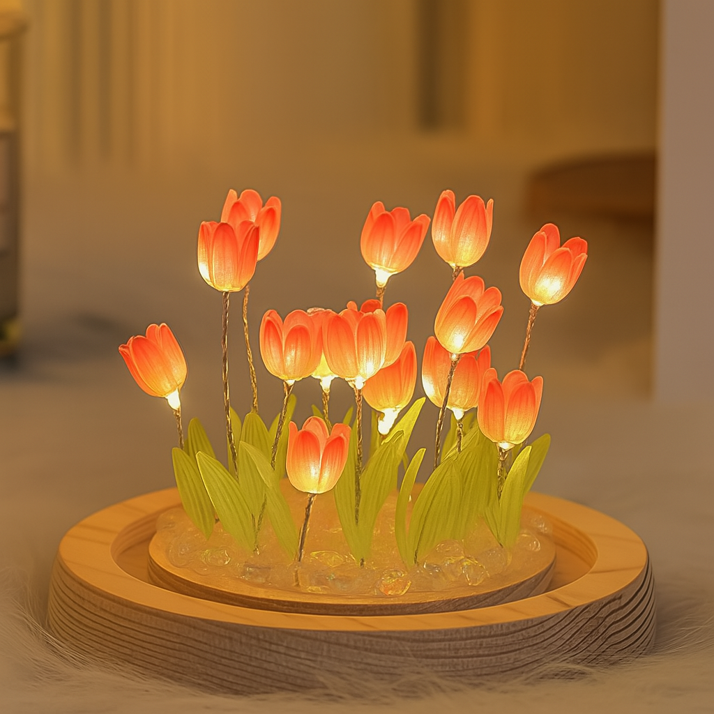 Glassozy Tulip Crystal Dome LED Lamp – Luxury Flower Night Light with Wooden Base | Romantic Bedroom Decor, Gift for Couples, Anniversary & Home Aesthetic Lighting