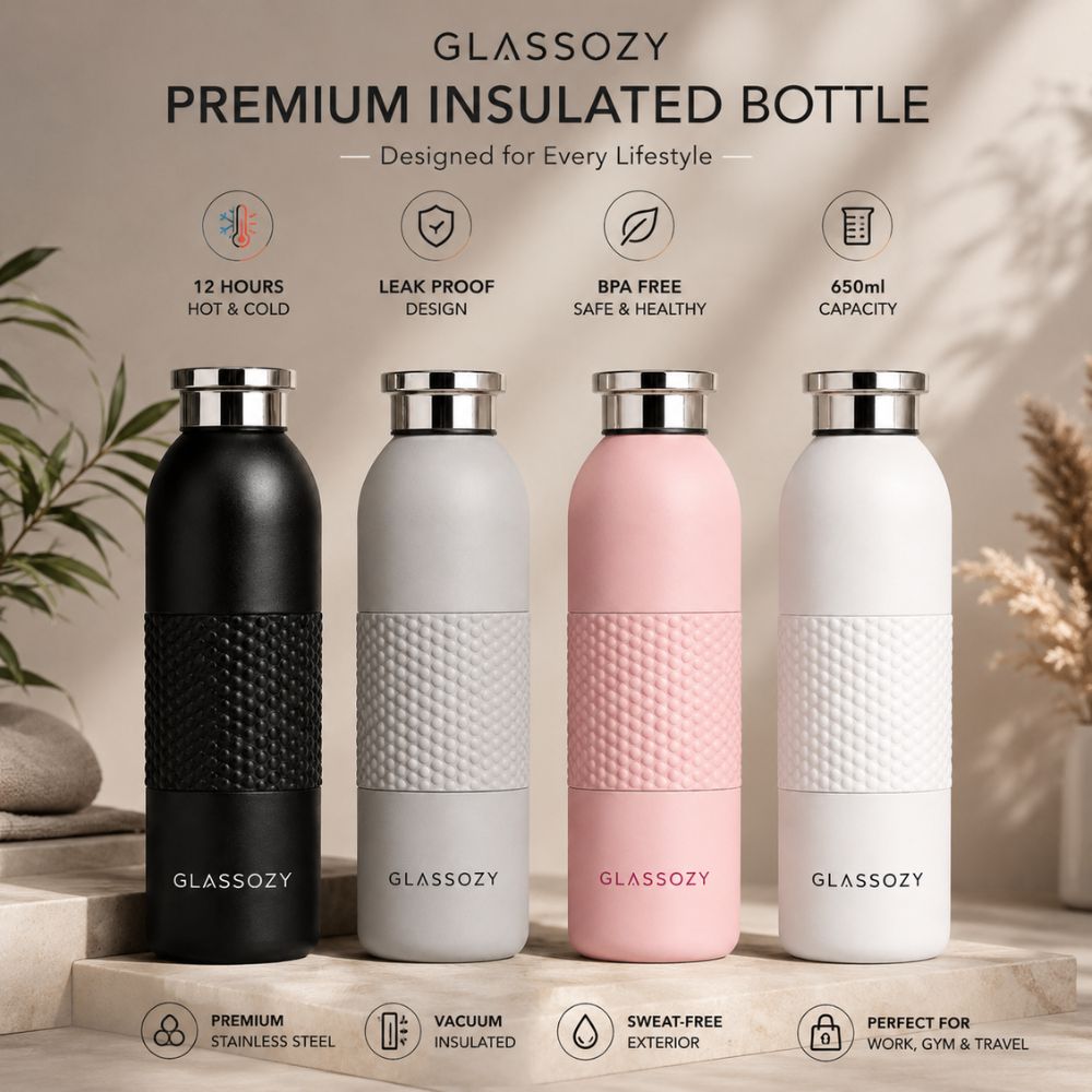 Glassozy 650ml Vacuum Insulated Stainless Steel Water Bottle – 12 Hours Hot & Cold, Leak-Proof, BPA-Free Reusable Travel Flask
