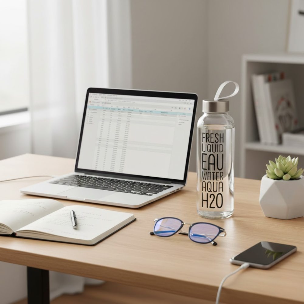 Glassozy Premium Glass Water Bottle – Sleek Minimalist Reusable Drinkware with Stainless Steel Lid and Carrying Strap – Eco-Friendly "Fresh Liquid" Graphic Design