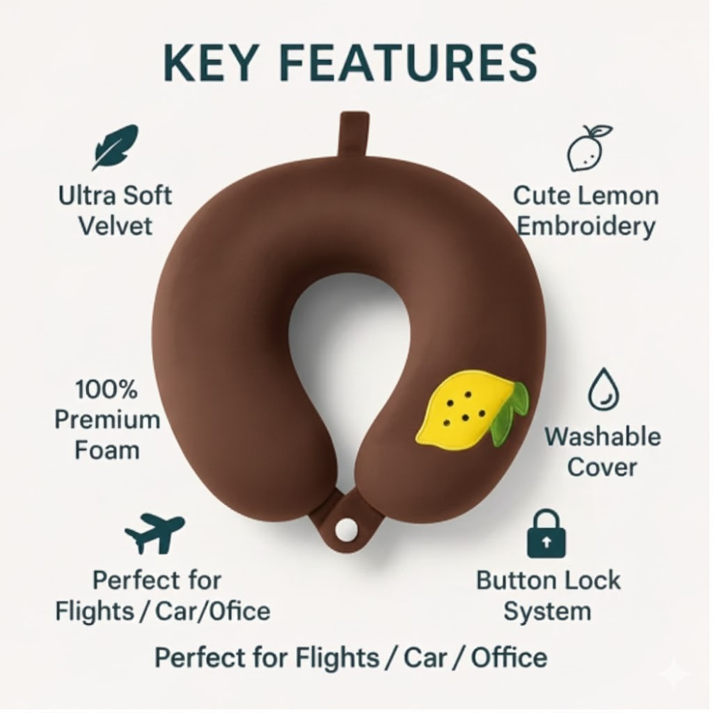 Premium Off-White Travel Neck Pillow with Lemon Patch – Soft Velvet Memory Foam for Flights & Comfort