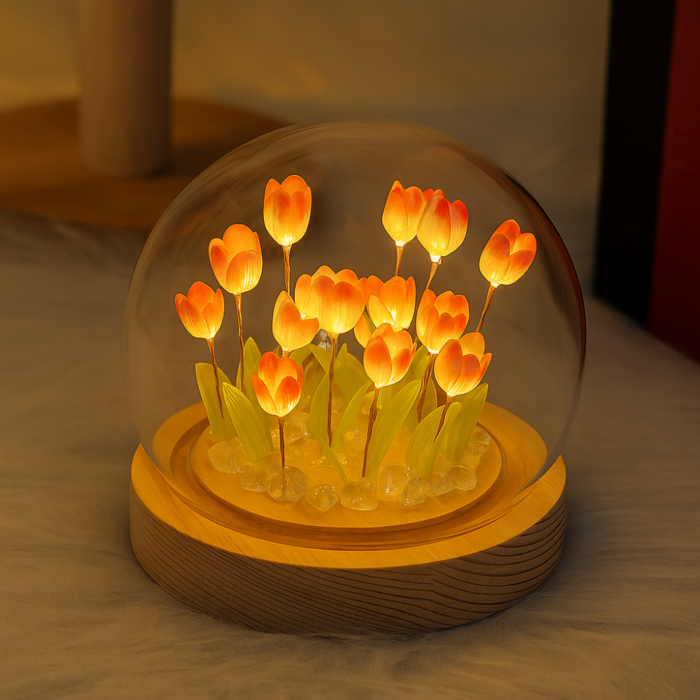 Glassozy Tulip Crystal Dome LED Lamp – Luxury Flower Night Light with Wooden Base | Romantic Bedroom Decor, Gift for Couples, Anniversary & Home Aesthetic Lighting