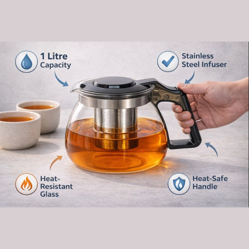 1 Litre Glass Teapot with Stainless Steel Infuser – Heat-Resistant Borosilicate Tea Maker with Heat-Safe Handle for Loose Leaf and Blooming Tea