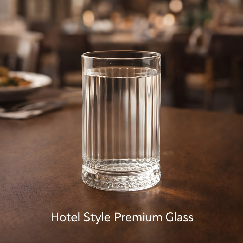Glassozy 6-Piece Highball Glassware Set with Fluted Texture – Elegant Ribbed Drinking Glasses and Natural Wooden Serving Tray – Ideal Housewarming & Wedding Gift Set