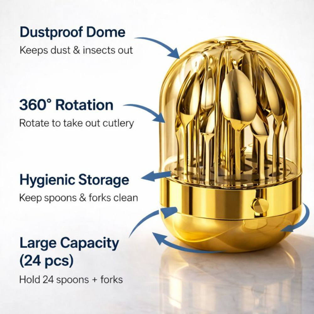 Luxury 24-Piece Gold Cutlery Set with Rotating Dustproof Storage Dome – Hygienic 360° Spin Flatware Organizer – Premium Stainless Steel Spoons, Forks, & Knives for Elegant Dining & Kitchen Decor