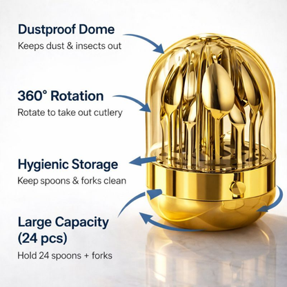 Luxury 24-Piece Gold Cutlery Set with Rotating Dustproof Storage Dome – Hygienic 360° Spin Flatware Organizer – Premium Stainless Steel Spoons, Forks, & Knives for Elegant Dining & Kitchen Decor