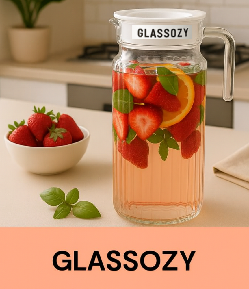 Glassozy 1.1L Premium Glass Water Jug with Handle — Elegant Ribbed Design Pitcher for Juice, Milk & Detox Drinks | Heat-Resistant Borosilicate Glass | Dishwasher Safe