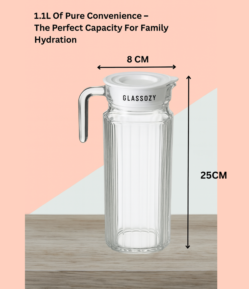 Glassozy 1.1L Premium Glass Water Jug with Handle — Elegant Ribbed Design Pitcher for Juice, Milk & Detox Drinks | Heat-Resistant Borosilicate Glass | Dishwasher Safe