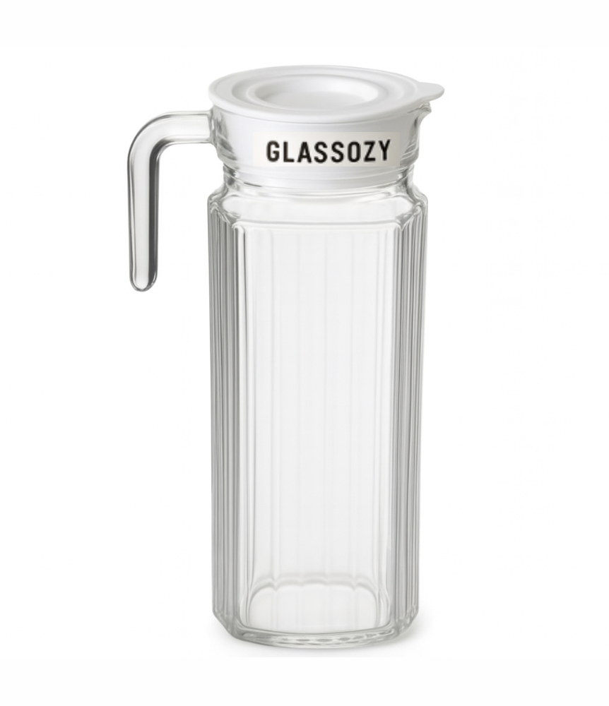 Glassozy 1.1L Premium Glass Water Jug with Handle — Elegant Ribbed Design Pitcher for Juice, Milk & Detox Drinks | Heat-Resistant Borosilicate Glass | Dishwasher Safe