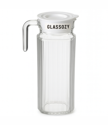 Glassozy 1.1L Premium Glass Water Jug with Handle — Elegant Ribbed Design Pitcher for Juice, Milk & Detox Drinks | Heat-Resistant Borosilicate Glass | Dishwasher Safe