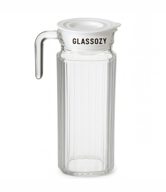 Glassozy 1.1L Premium Glass Water Jug with Handle — Elegant Ribbed Design Pitcher for Juice, Milk & Detox Drinks | Heat-Resistant Borosilicate Glass | Dishwasher Safe