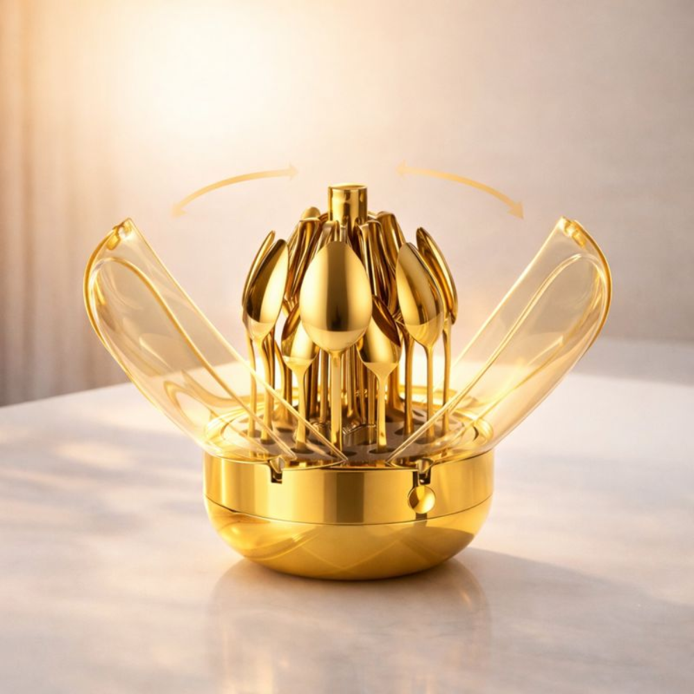 Luxury 24-Piece Gold Cutlery Set with Rotating Dustproof Storage Dome – Hygienic 360° Spin Flatware Organizer – Premium Stainless Steel Spoons, Forks, & Knives for Elegant Dining & Kitchen Decor