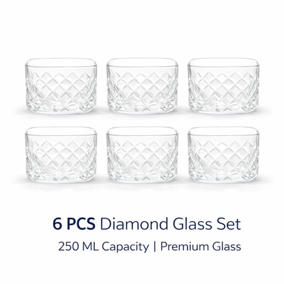 6 PCS Diamond Glass Bowl Set – 250 ML Premium Clear Glass Dessert Bowls | Diamond-Cut Design | Snack, Ice Cream, Fruit & Serving Bowls | Stackable & Easy to Clean