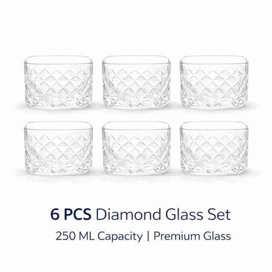 6 PCS Diamond Glass Bowl Set – 250 ML Premium Clear Glass Dessert Bowls | Diamond-Cut Design | Snack, Ice Cream, Fruit & Serving Bowls | Stackable & Easy to Clean