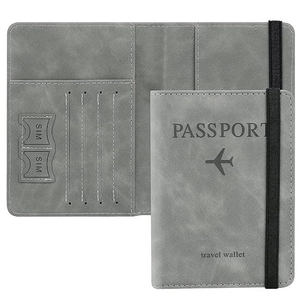 Premium Passport Holder Travel Wallet for Men & Women | Waterproof PU Leather Passport Cover with Card Slots, SIM Storage & Elastic Strap | RFID Safe Travel Organizer (Grey)