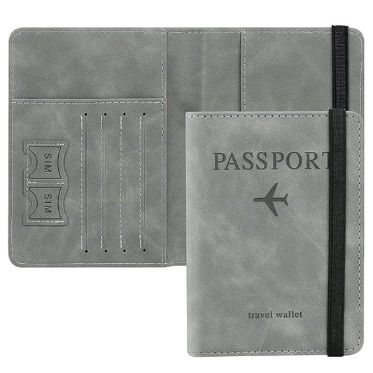 Premium Passport Holder Travel Wallet for Men & Women | Waterproof PU Leather Passport Cover with Card Slots, SIM Storage & Elastic Strap | RFID Safe Travel Organizer (Grey)