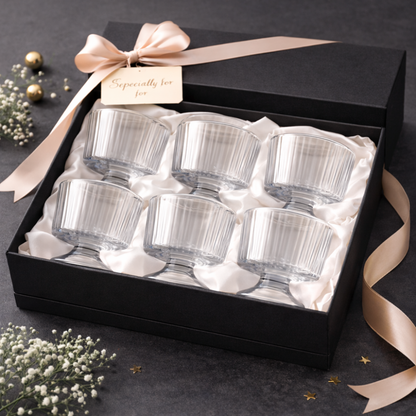 Premium Ribbed Glass Dessert Bowl Set (6 Pieces) – 260 ML Transparent Ice Cream & Falooda Cups with Pedestal Base | Elegant Serving Bowls for Home, Parties & Gifting