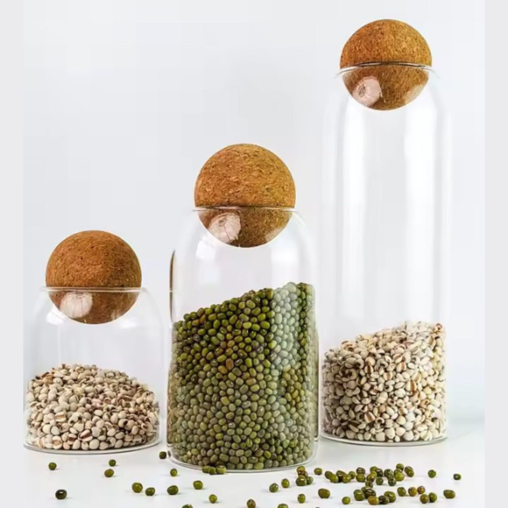 Echou 3-Piece Ribbed Borosilicate Glass Bottle Set with Airtight Cork Lids – 600ml, 800ml, and 1200ml