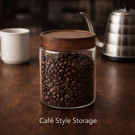 Aesthetic Café Style Glass Storage 1 PCS Jar-530ML with Airtight Wooden Lid – Clear Pantry Canister for Coffee Beans, Grains, and Kitchen Organization