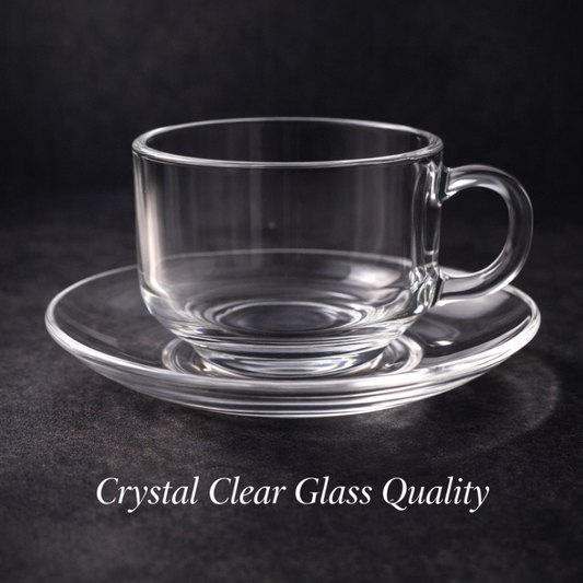 Premium 160 ML Glass Teacup & Saucer Set (12 Pieces) – Transparent Clear Glass Chai Cups with 5 Inch Saucer | Elegant Café Style Tea Set for Home, Office & Gifting